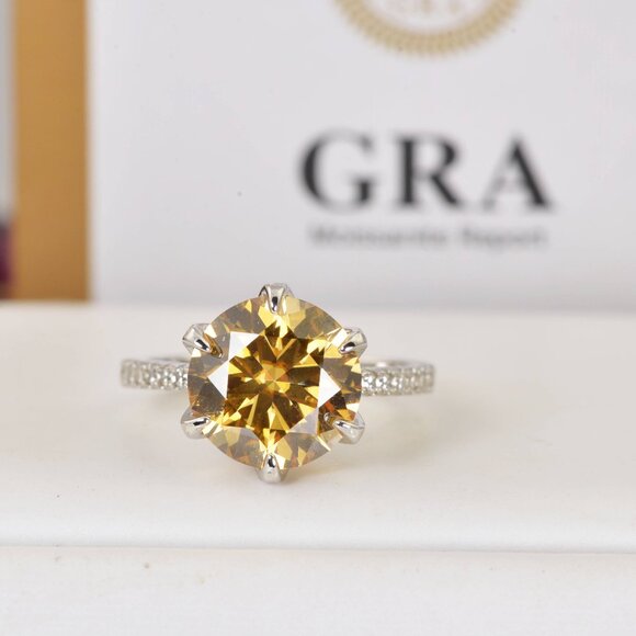 Certified Moissanite Diamond 5CT Champagne Solitaire Engagement Ring - Picture 3 of 7